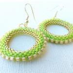 Lime Green Bead Woven Hoop Earrings, Spring..