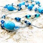 Sea Dream Turquoise Beaded Lariat Silver Waxed..