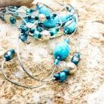 Sea Dream Turquoise Beaded Lariat Silver Waxed..