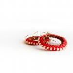 Elegant Red Hoop Earrings. White Bronze Bead Woven..