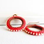 Elegant Red Hoop Earrings. White Bronze Bead Woven..