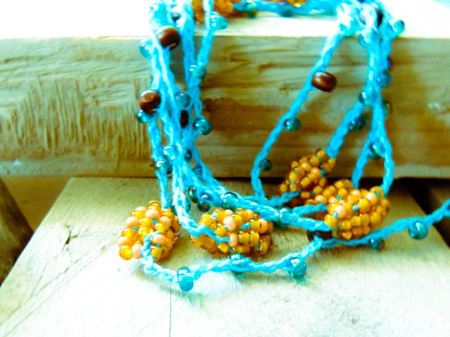 Spring Fashion Turquoise Orange Brown Crochet Strand. Headband/ Wrap Bracelet / Anklet / Belt