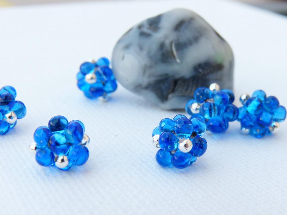 Lampwork Style Beaded Beads Blue Silver Dot (6) Jewelry Making Supplies