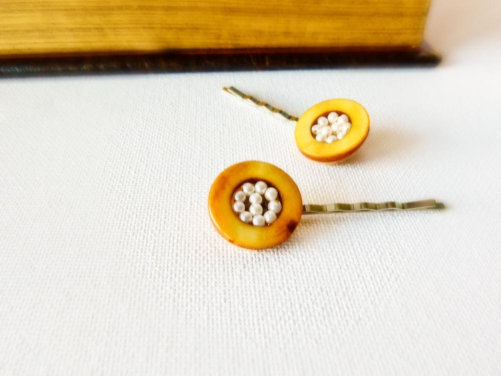 Unique Fashion Accessories Mustard Yellow Seed Beaded Hair Bobby Pins. Bird Nest
