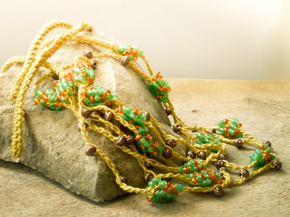 Spring Fashion. Mustard Orange Green Versatile Beaded Crochet Strand Wrap Braselet. Natural History