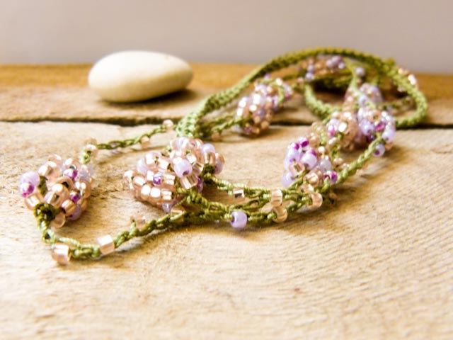 Spring Fashion Honeysuckle Green Pink Crochet Beaded Strand. Versatile Necklace / Wrap Bracelet / Anklet / Headband/ Belt.