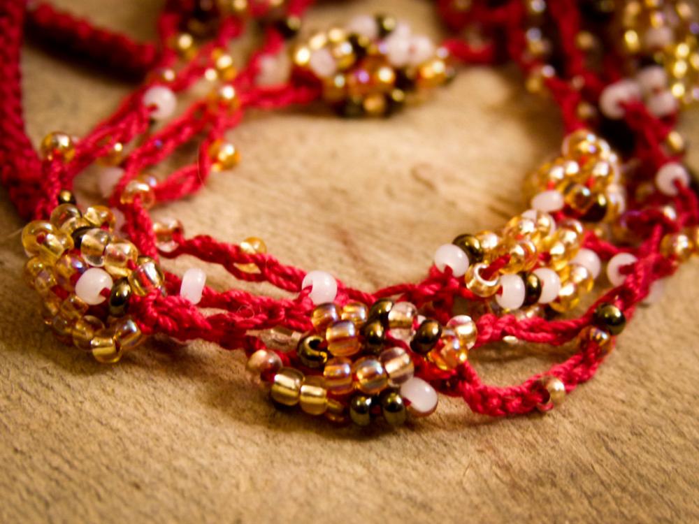 Winter Fashion Red Wine Honey Beaded Versatile Crochet Strand. Headband / Bracelet / Anklet / Belt.