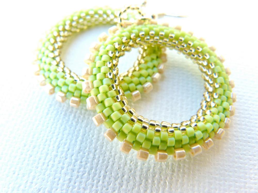 Lime Green Bead Woven Hoop Earrings, Spring Fashion Everyday Jewelry