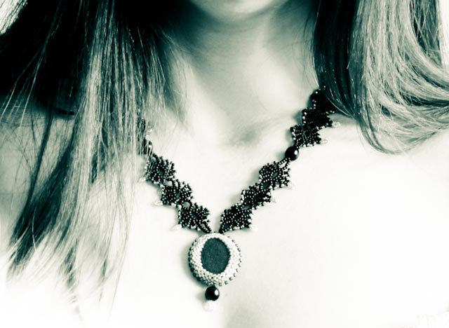 Black Lace Fashion Bead Woven Necklace With Natural Sea Stone Pendant. One Of Kind Ooak Grey Gray