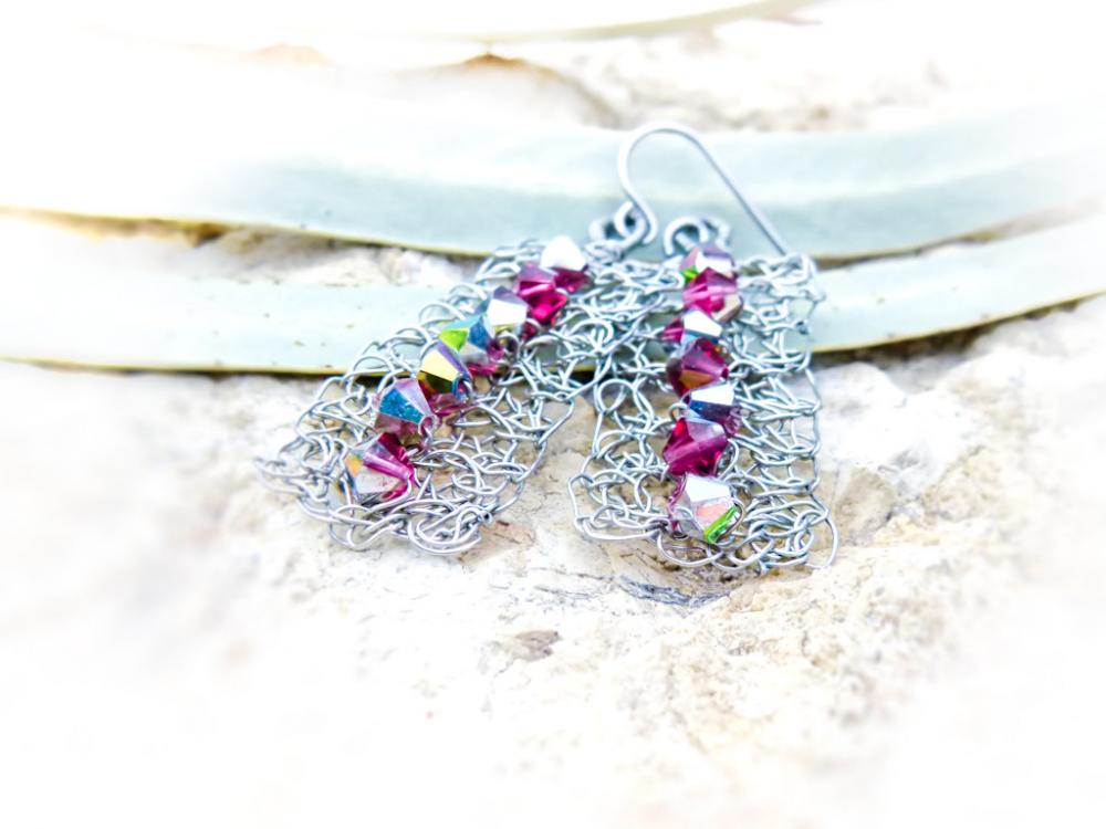 Bohemian Wire Crochet Swarovski Crystal Dangle Earrings. Bridesmade Gift Idea.spring Fashion Jewelry