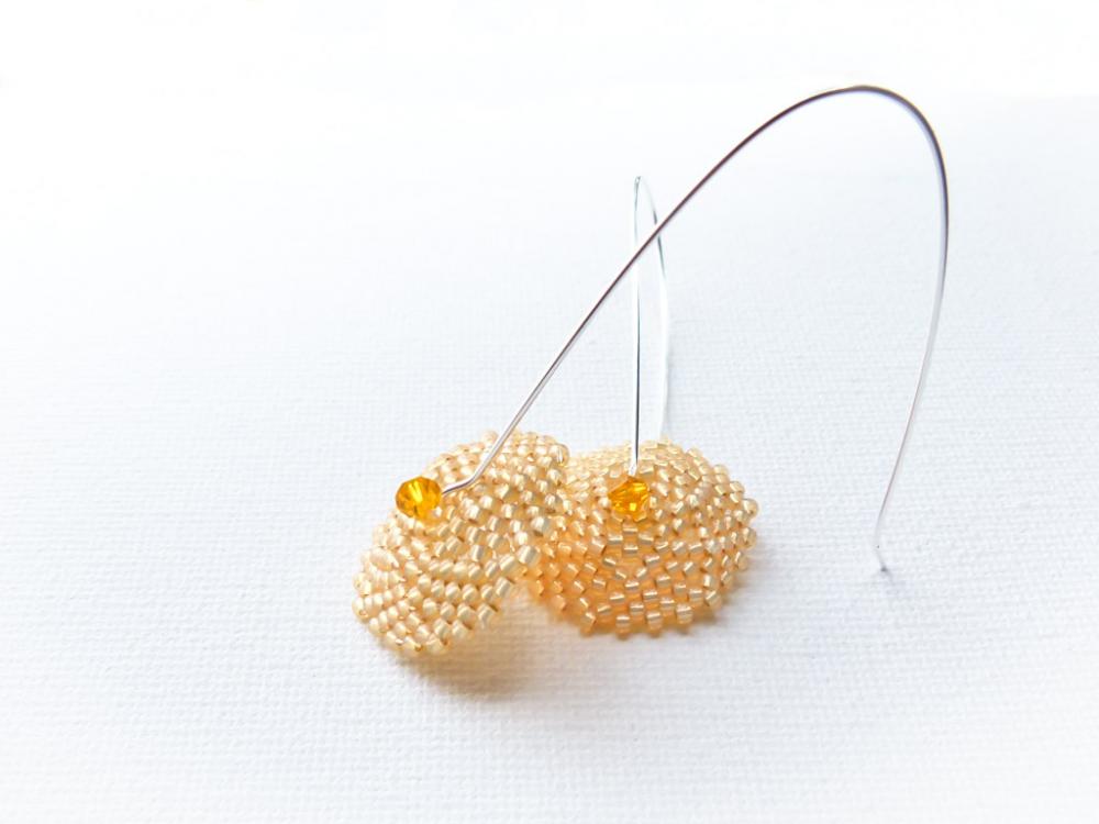 Bridesmade Apricot Round Shape Long Dangle Beadwoven Earrings. Pastel Color Fashion Jewelry