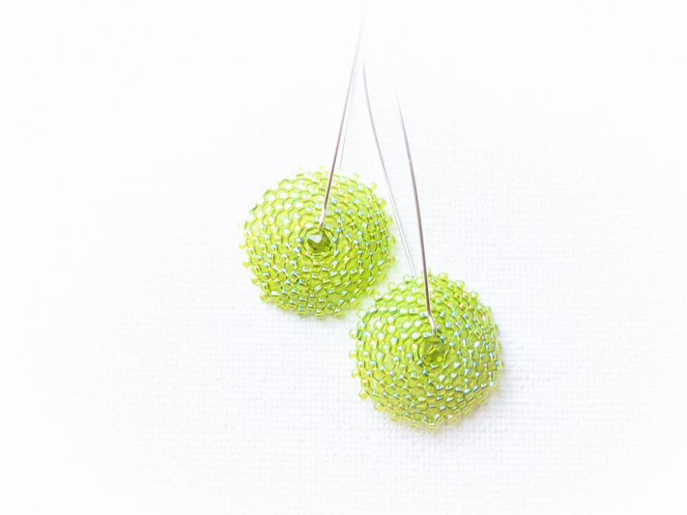 Apple Green. Bridesmade Long Earrings. Beaded Round Shape. Spring Fashion Jewelry Tbteam