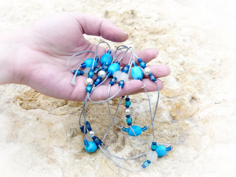 Sea Dream Turquoise Beaded Lariat Silver Waxed Cotton Thread Necklace. Nautical Spring Jewelry Tbteam