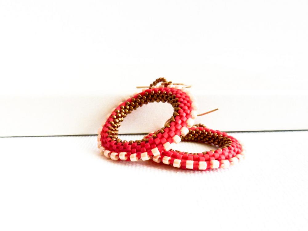 Elegant Red Hoop Earrings. White Bronze Bead Woven Round Shapes. Tbteam.