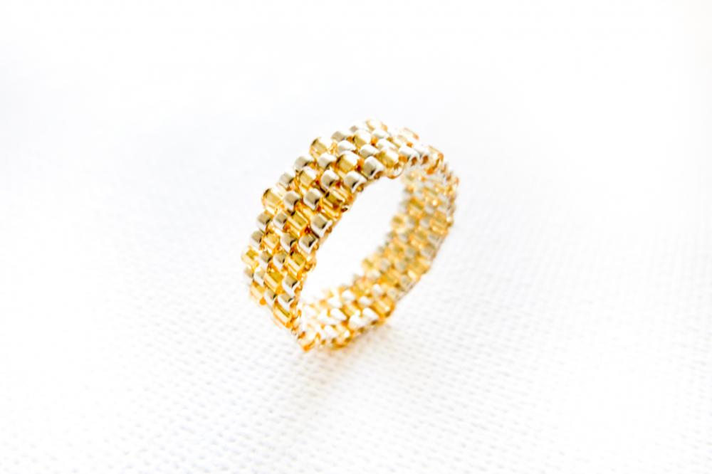 Custom Wedding Silver Golden Textured Delica Band Ring. Rustic Beadwoven Fashion Jewelry