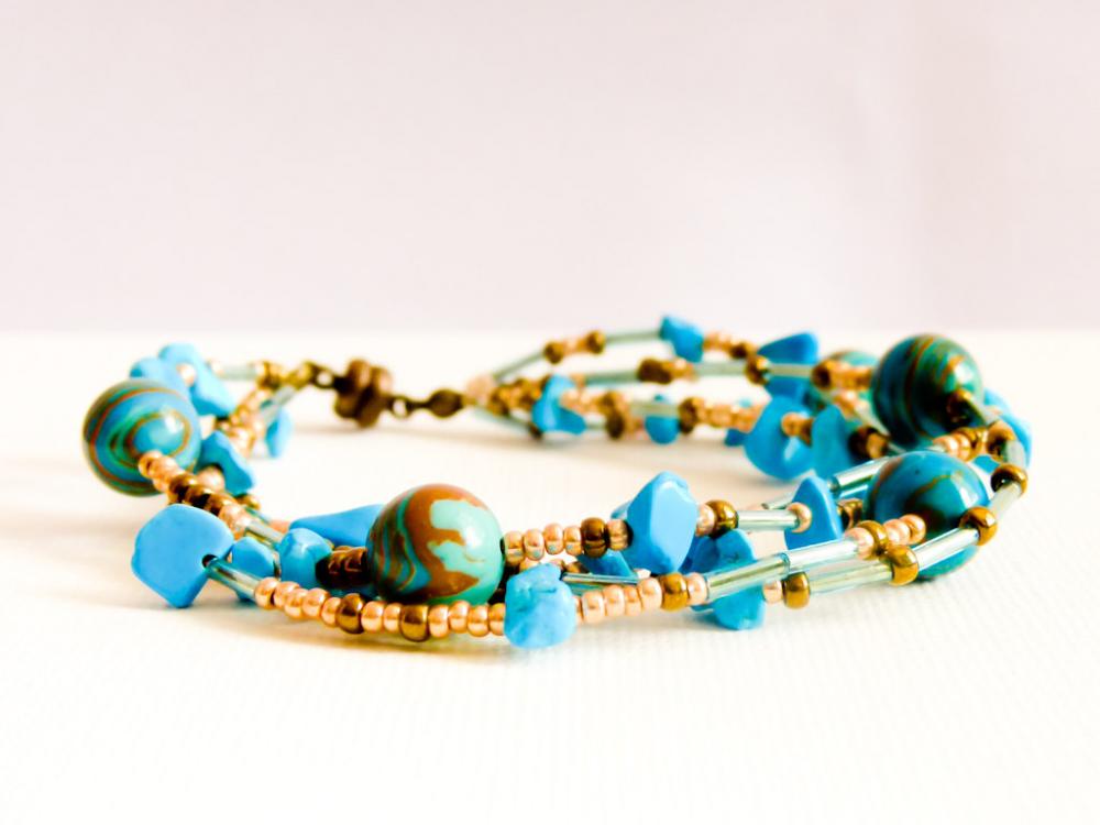 Boho Chic Chunky Multi Layered Wrap Bracelet. December Birthstone Turquoise Jewelry. Mother Day